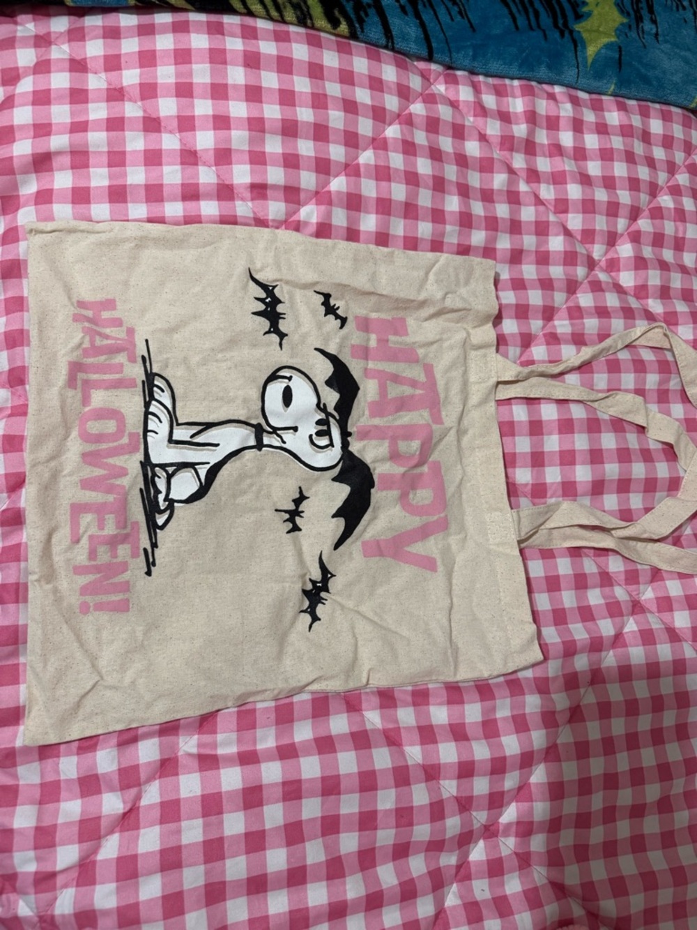 Natural Canvas Halloween Tote with Pink and Black Graphic